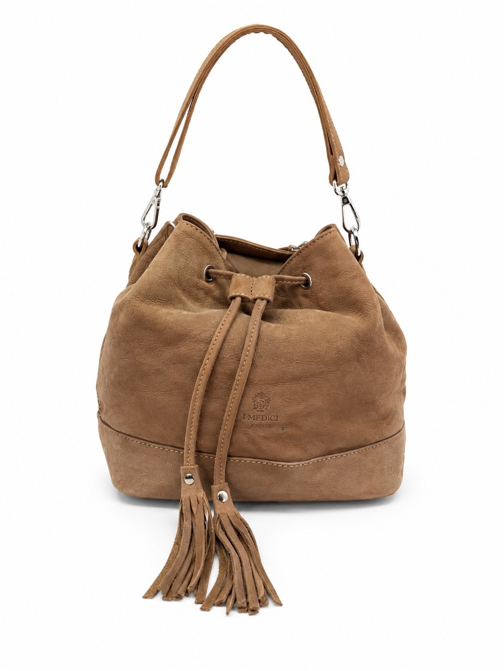 I Medici Firenze Italian Leather Bucket Bag Taupe Brown Drawstring Tassel